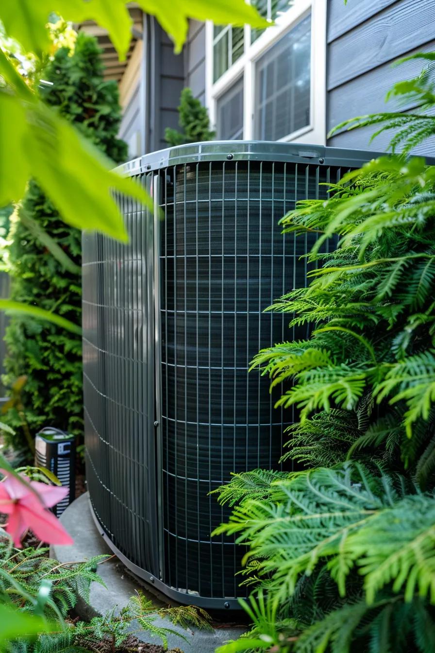 HVAC Blog 3 A sleek, modern heat pump unit installed neatly outside a home, surrounded by lush Pacific Northwest greenery.