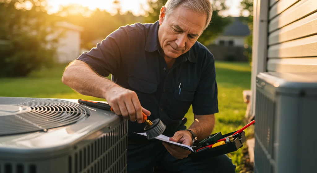 A skilled HVAC technician with a brush cleans components inside an outdoor AC unit.