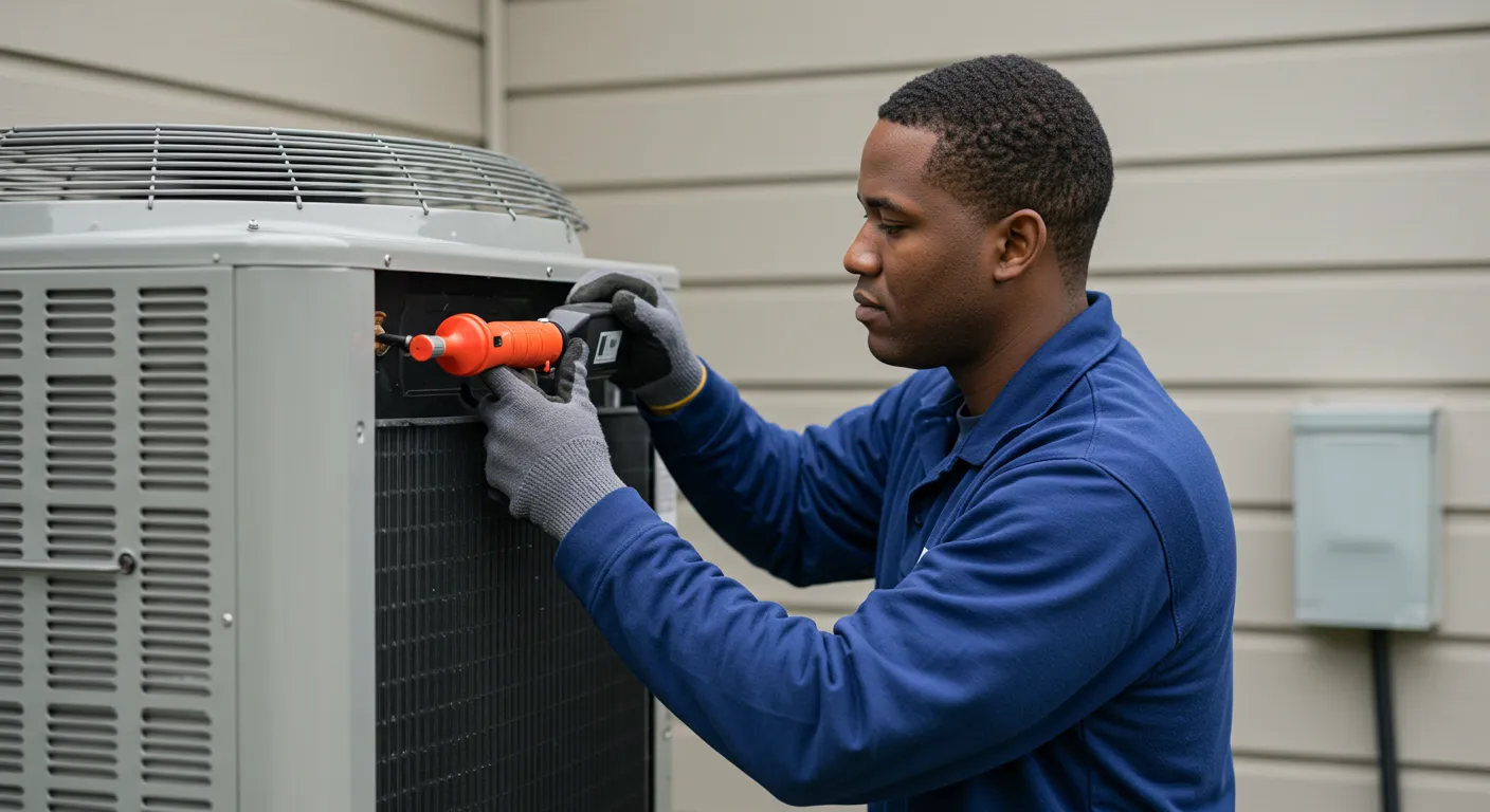 An African American technician in a blue uniform and gloves uses a tool to service an outdoor residential AC unit.