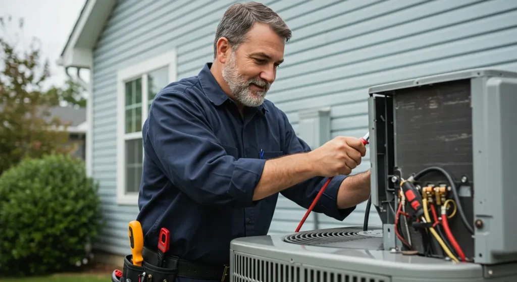 A smiling male technician with a beard and glasses works on the internal parts of an outdoor AC unit.