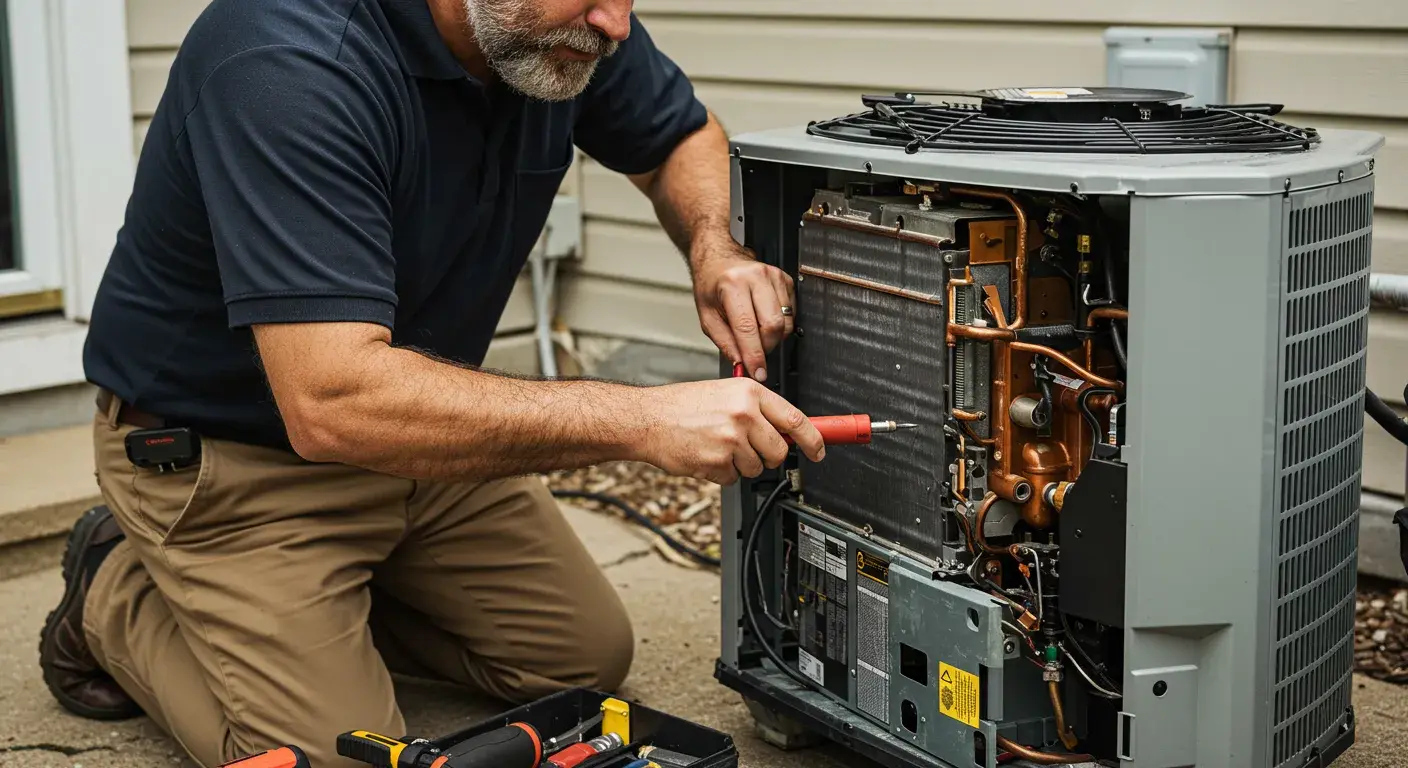 A close-up view of a technician using a screwdriver to service the internal parts of an outdoor air conditioning unit.