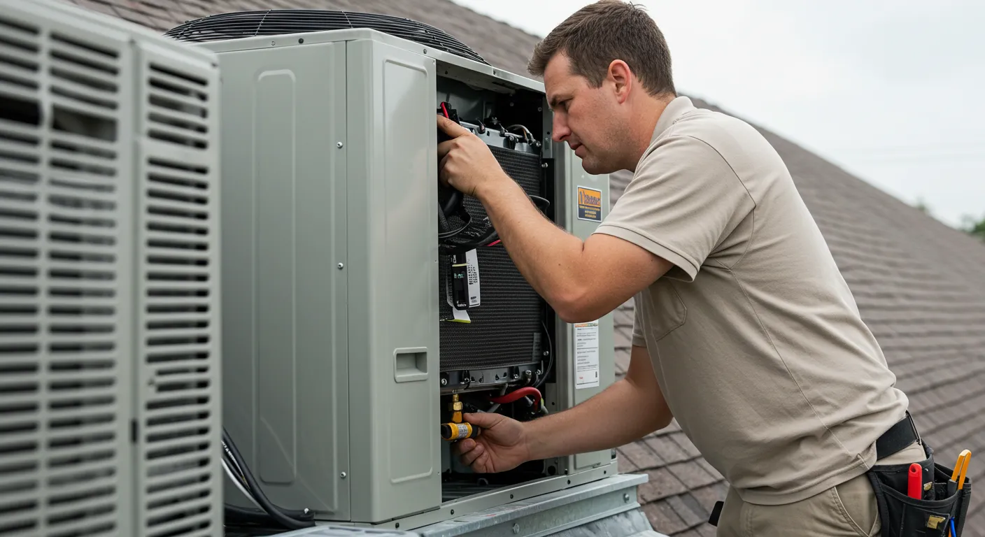 A male technician in a beige polo shirt and tool belt works on a large outdoor AC unit on a residential rooftop.