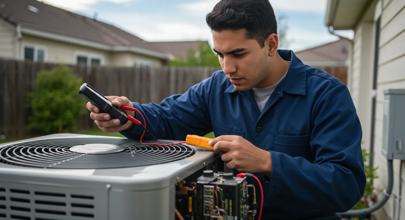 A male technician in a blue uniform uses a multimeter to test a residential outdoor AC unit.