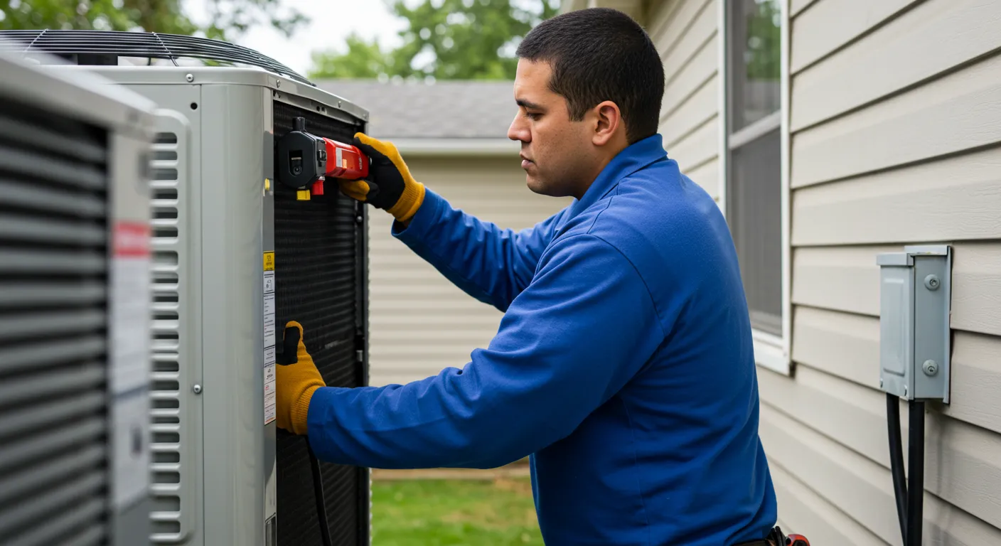 A technician in a blue uniform and gloves services a line of residential outdoor AC units.