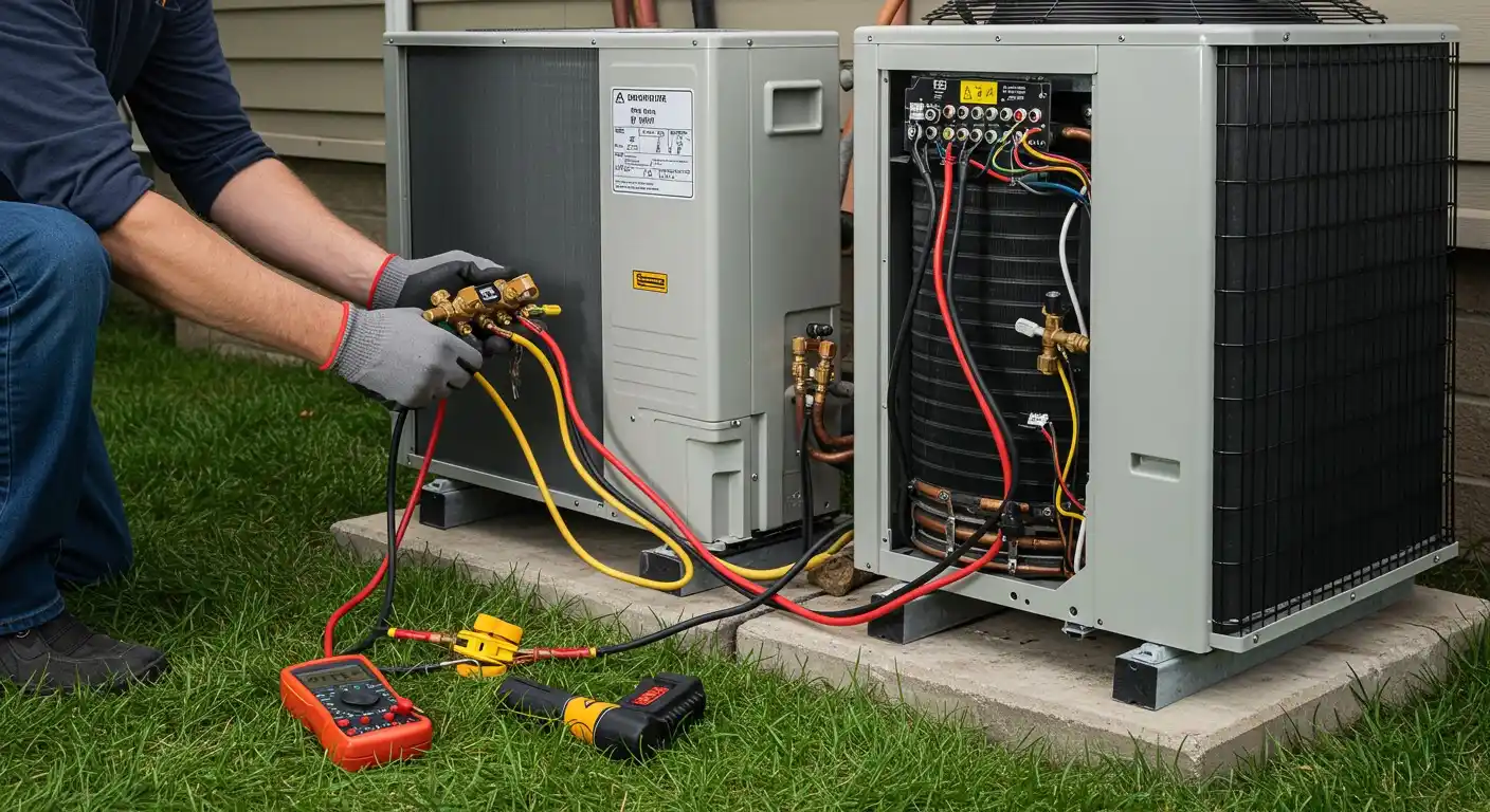 Technician troubleshooting outdoor HVAC unit components.