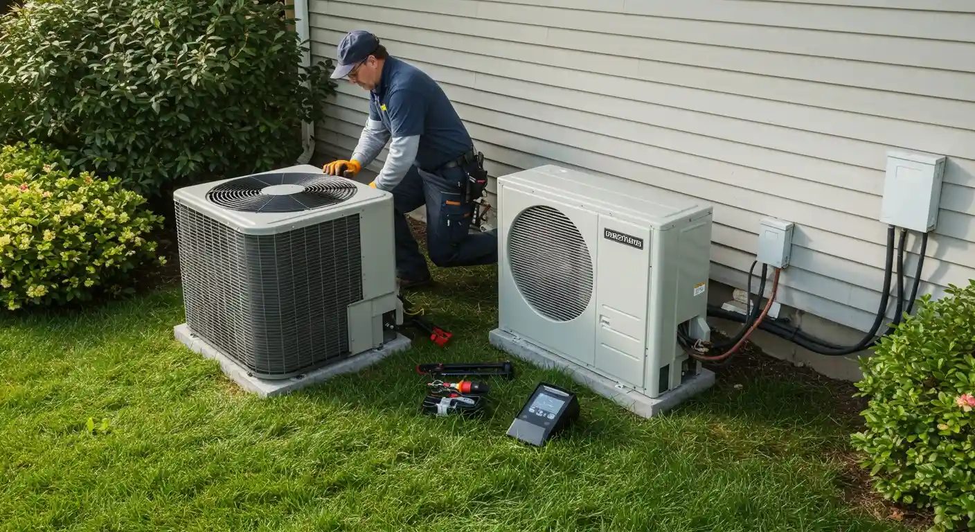 Technician servicing two outdoor AC units.