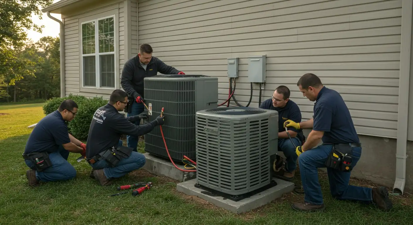 Team of technicians servicing two HVAC units.
