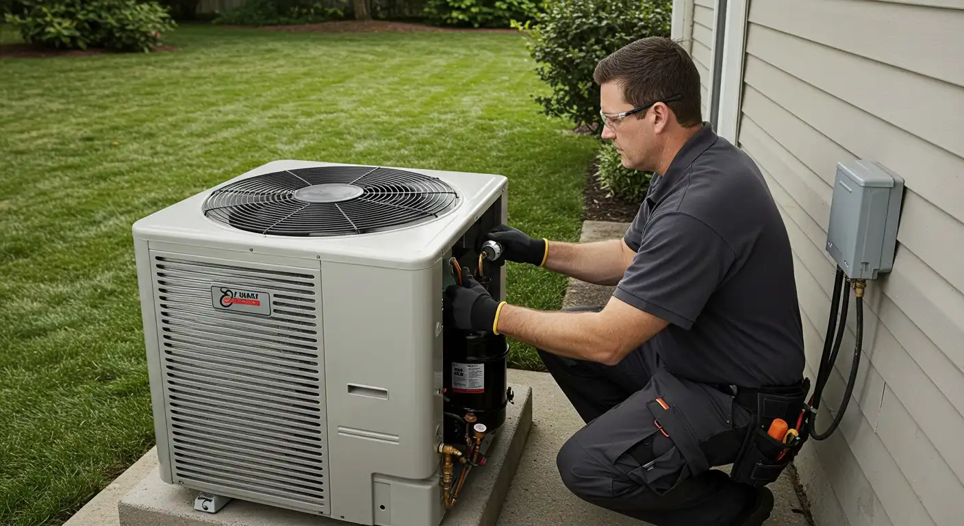 HVAC technician servicing outdoor unit.