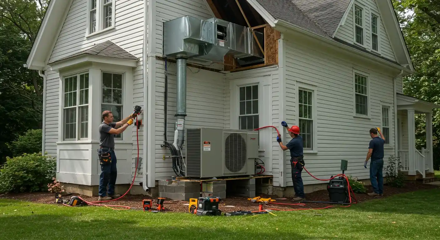 Workers installing HVAC units.