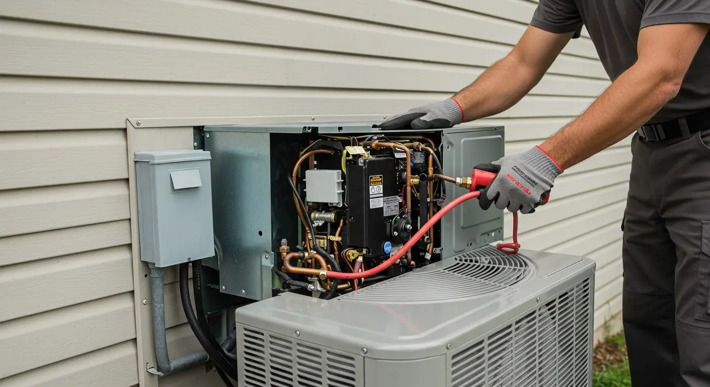 HVAC technician working on outdoor unit.