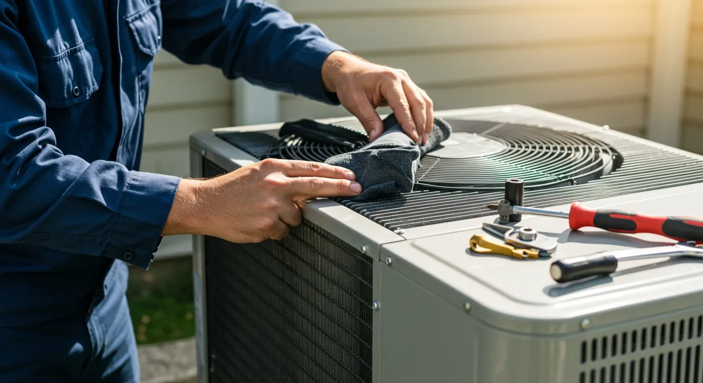 HVAC technician cleaning and maintaining an HVAC unit.