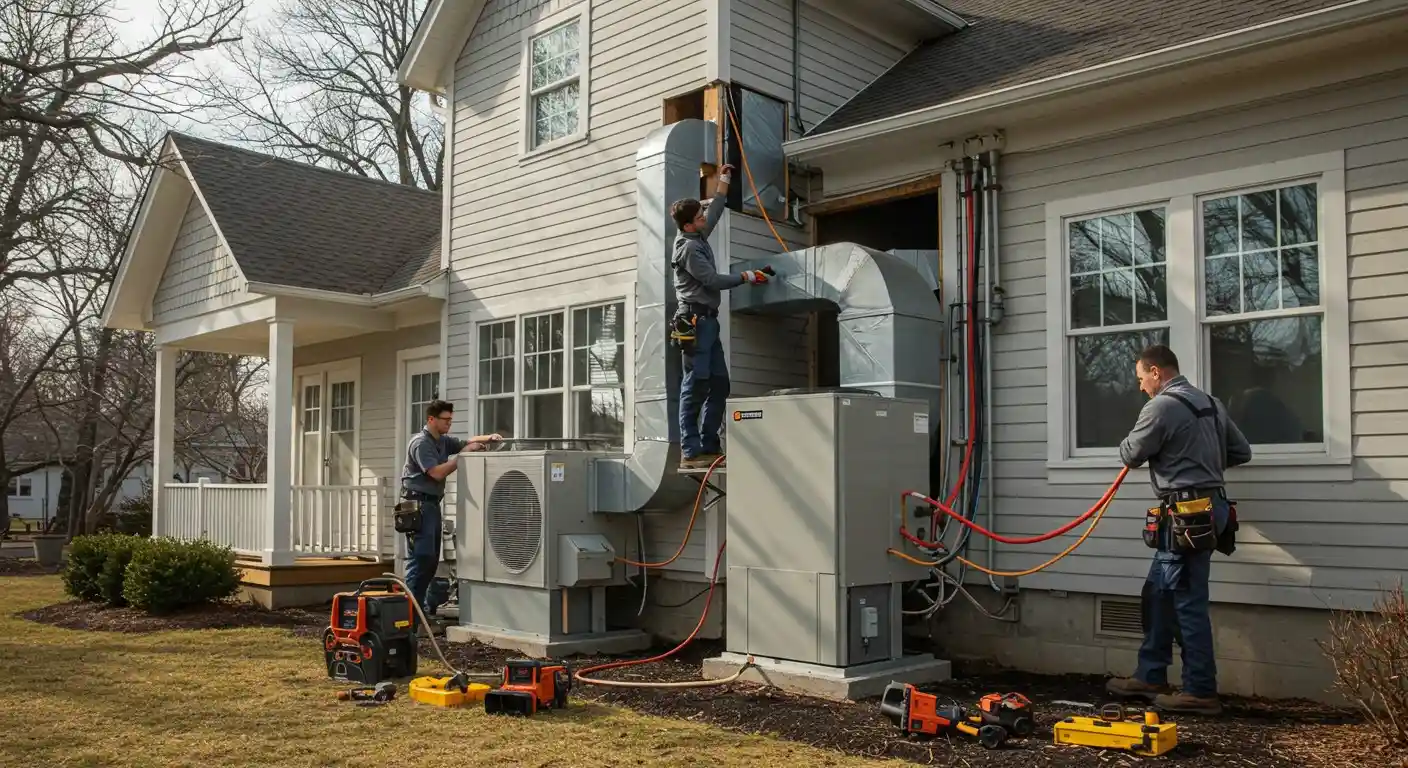 Workers installing new HVAC system and ductwork.