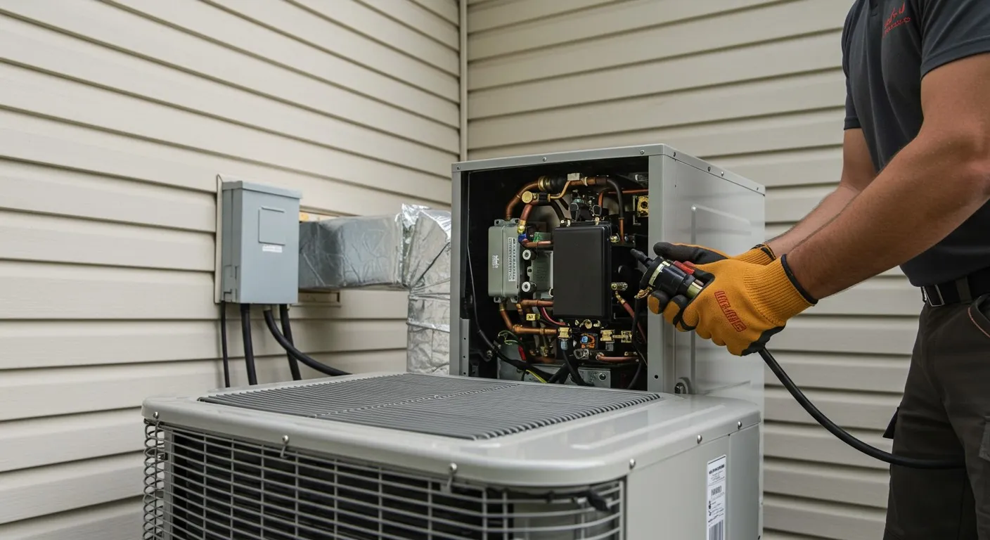 Technician repairs open heat pump unit.