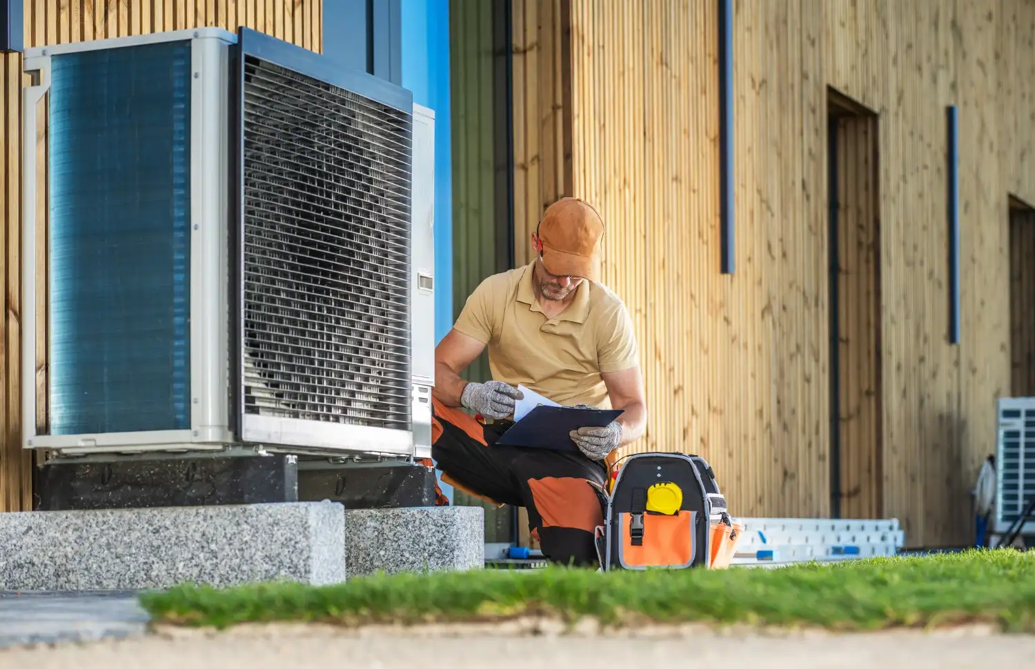 Technician checks paperwork by heat pump.