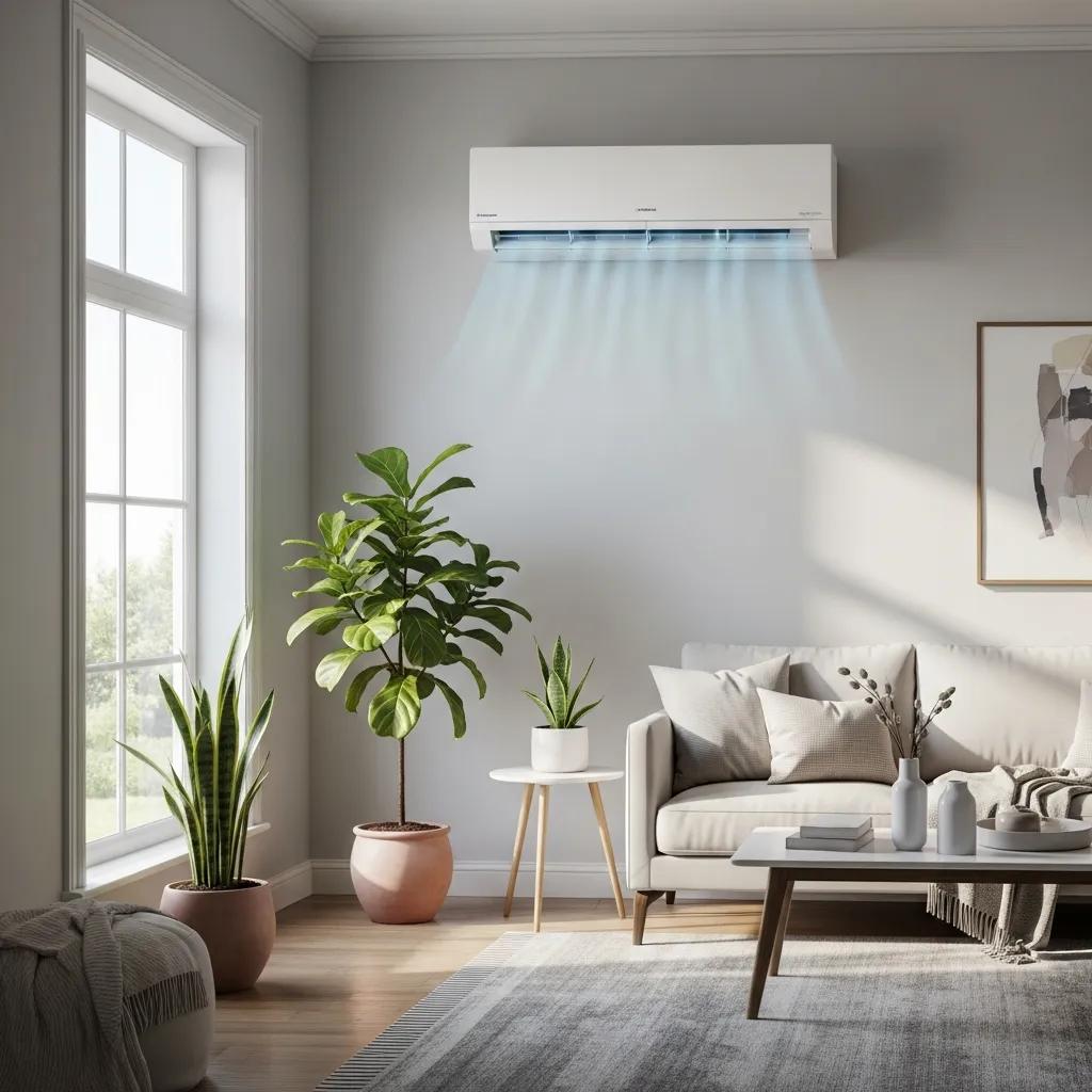 Ductless HVAC system in a modern living room, illustrating home comfort and energy efficiency