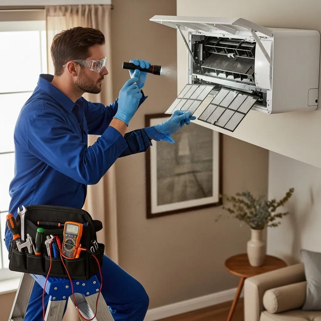Technician inspecting a ductless mini-split, checking for common maintenance issues