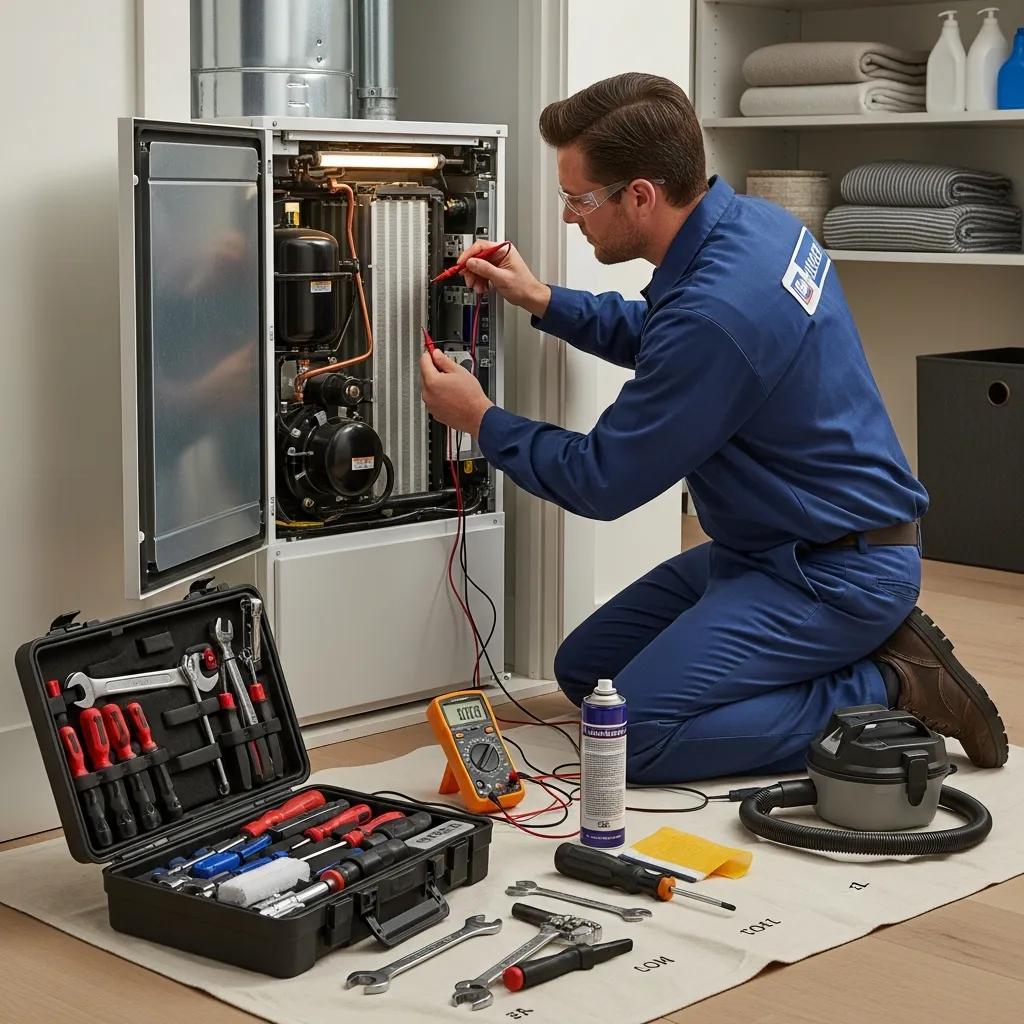 Technician performing heat pump maintenance indoors &mdash; professional service improves reliability and comfort