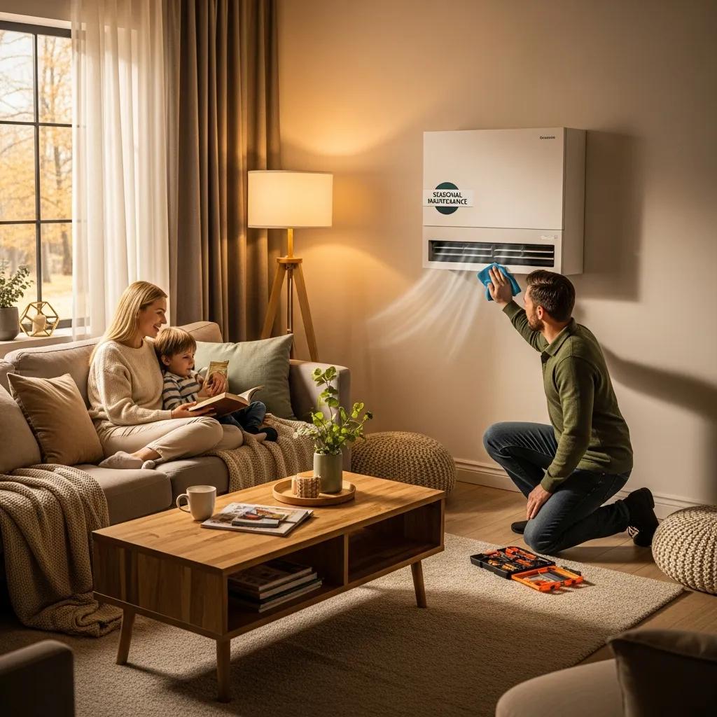 HVAC Blog 5 Modern heat pump system in a cozy living room, highlighting seasonal maintenance importance