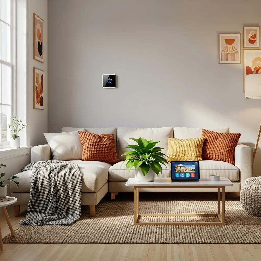 HVAC Blog 4 Smart thermostat in a modern living room, showcasing energy efficiency and comfort