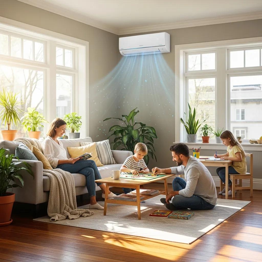 HVAC Blog 3 Family enjoying a comfortable living room with a modern air conditioning unit, highlighting the benefits of regular AC maintenance