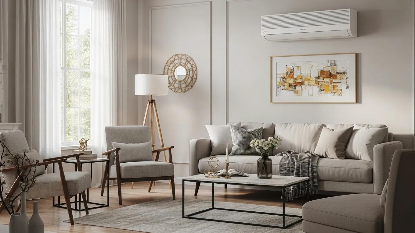 HVAC Blog 2 Ductless mini-split HVAC system in a modern living room, showcasing energy efficiency and comfort