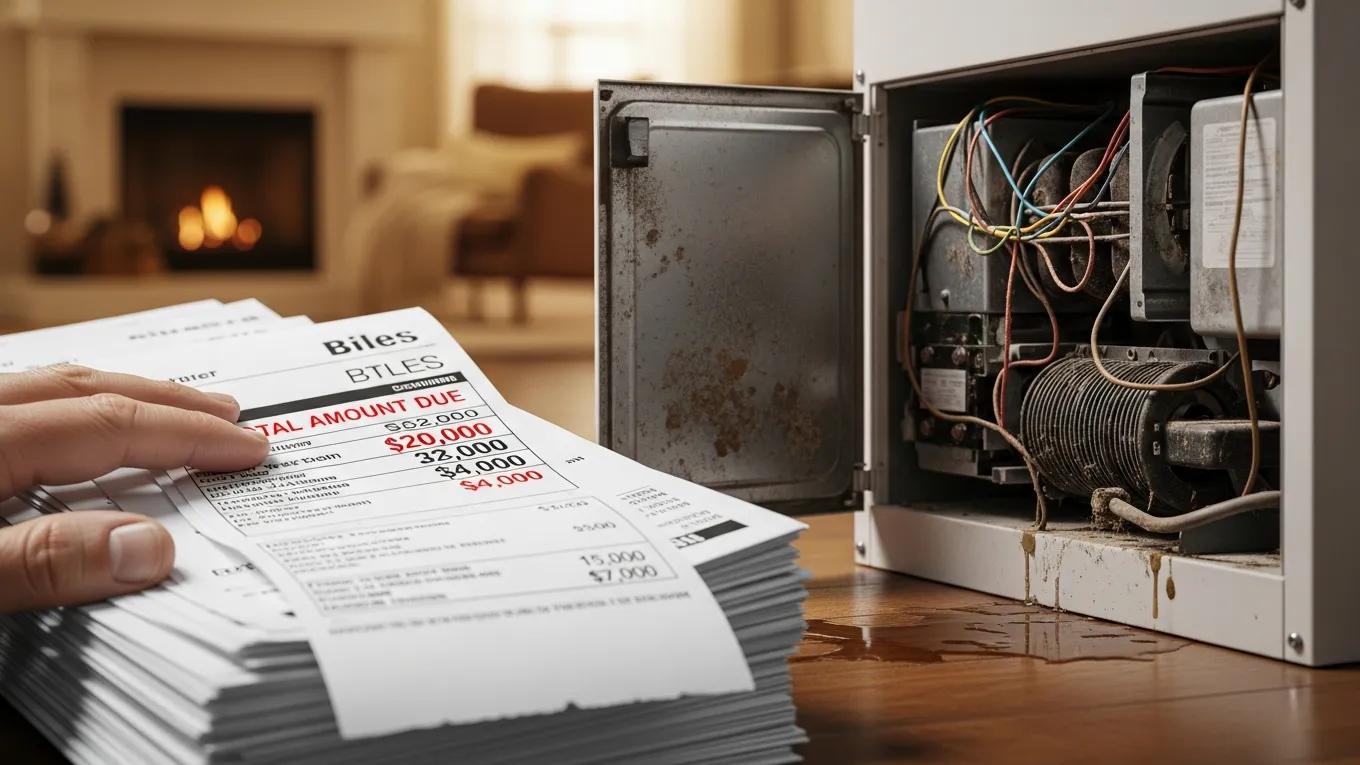 Recognizing HVAC Replacement Signs: Extend System Lifespan 2 Close-up of rising energy bills beside a faulty HVAC unit, illustrating the need for system replacement