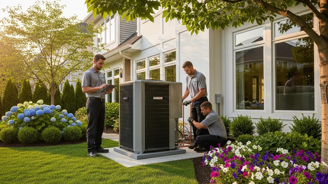 HVAC Blog 1 Modern HVAC system installation with technicians outside a residential home, illustrating energy efficiency and comfort