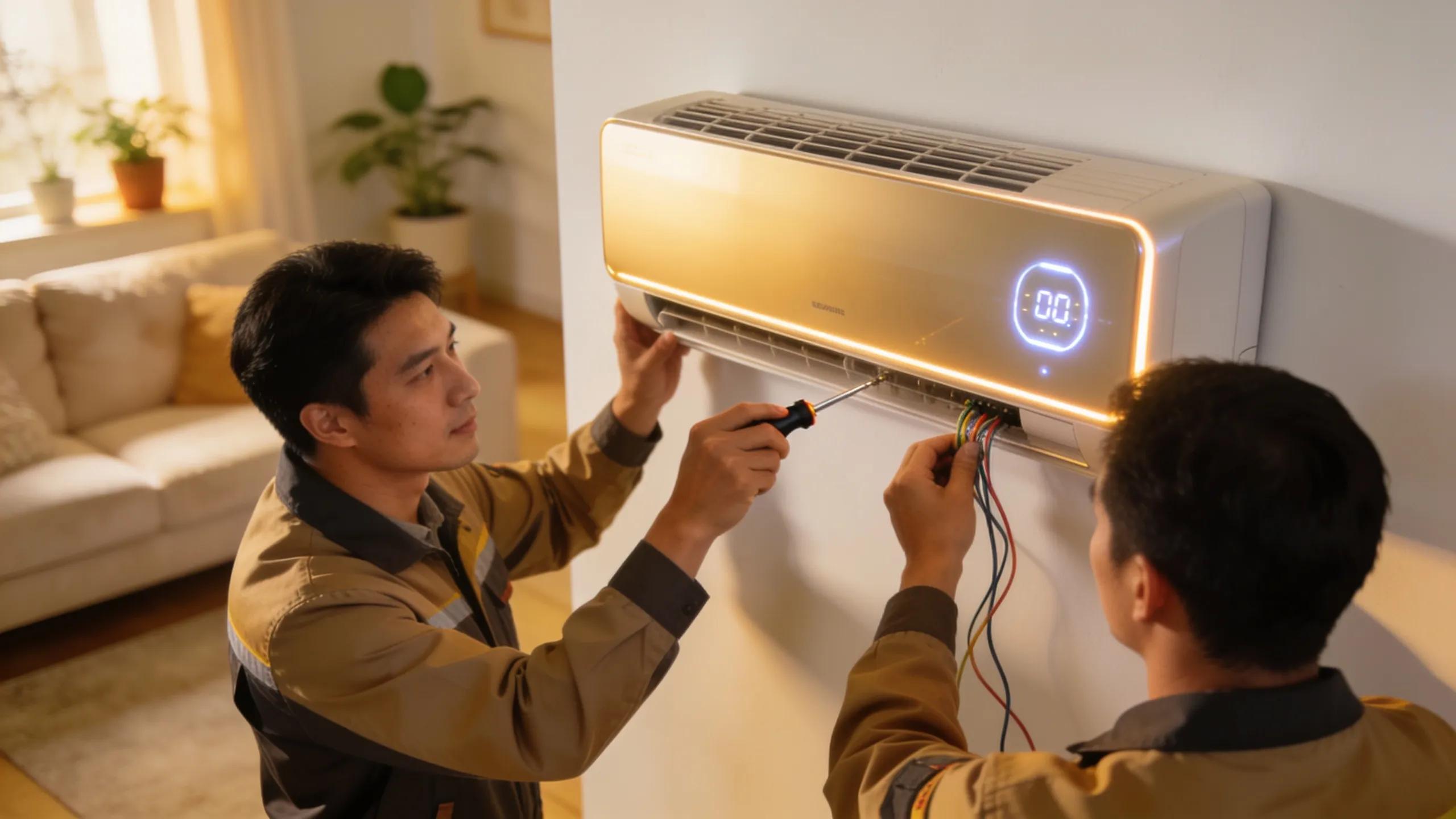 Is Your Old Air Conditioner Failing? Time to Upgrade! 3 Technicians installing a new energy-efficient air conditioning unit, representing modern technology and upgrade benefits