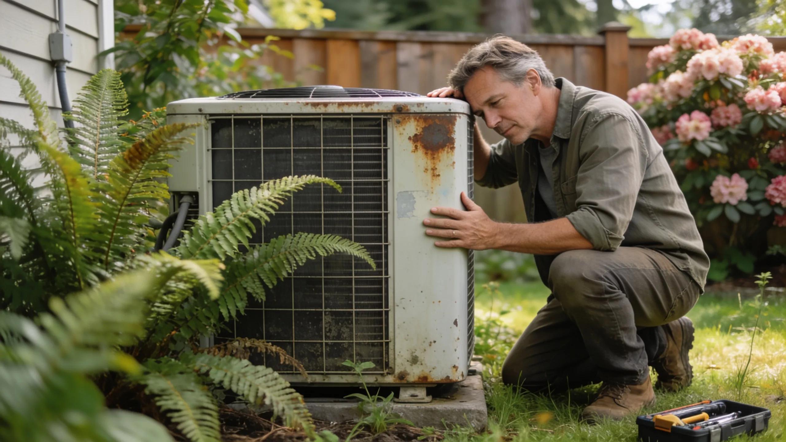 Is Your Old Air Conditioner Failing? Time to Upgrade! 2 Homeowner inspecting air conditioning unit in garden, highlighting maintenance and lifespan concerns